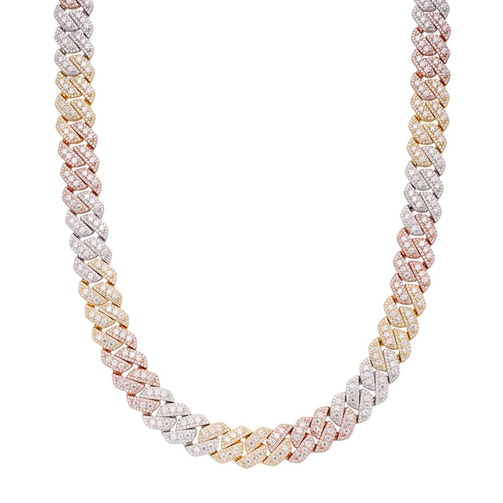 S.Silver Round Big Stone in Center Surrounded with Small Stones 12mm Moissanite Cuban Chain 22Inch Necklace RP+GP+PP 30 Cttw