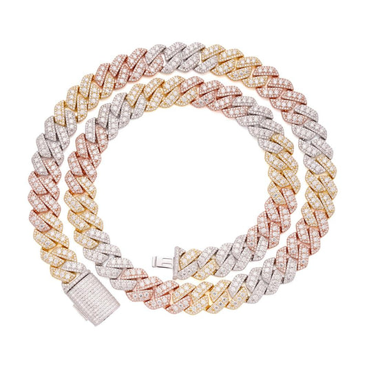 S.Silver Round Big Stone in Center Surrounded with Small Stones 12mm Moissanite Cuban Chain 22Inch Necklace RP+GP+PP 30 Cttw