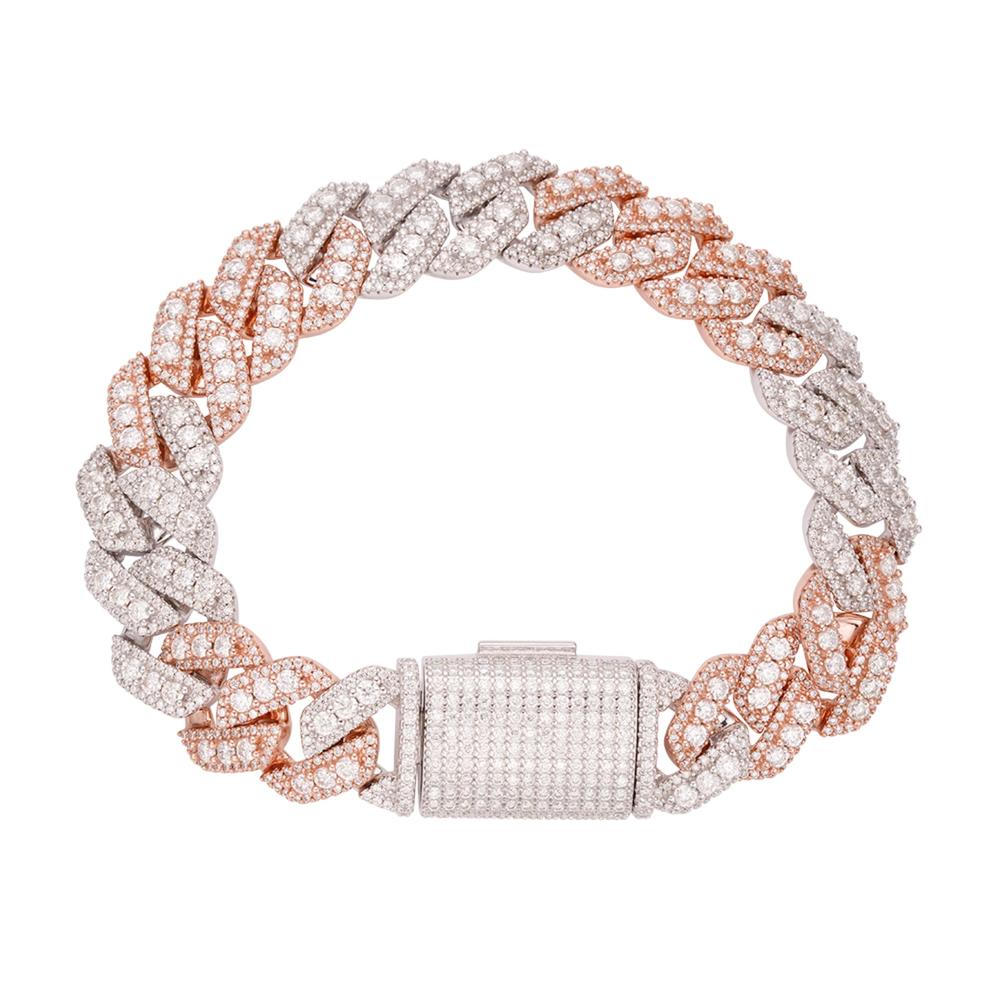 Sterling Silver Round Big Stone in Center Surrounded with Small Stones 14mm Moissanite Cuban Chain 8.5 Inch Bracelet RP+PP 12-3/4 Cttw