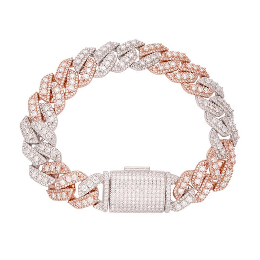 Sterling Silver Round Big Stone in Center Surrounded with Small Stones 14mm Moissanite Cuban Chain 8.5 Inch Bracelet RP+PP 12-3/4 Cttw