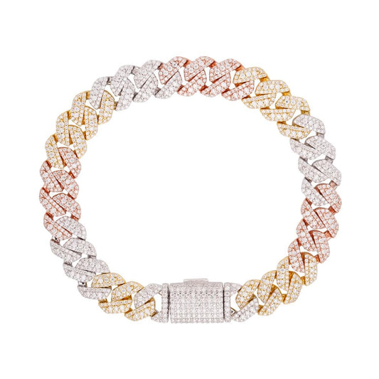 S.Silver Round Big Stone in Center Surrounded with Small Stones 10mm Moissanite Cuban Chain 8Inch Bracelet RP+GP+PP 6-7/8 Cttw