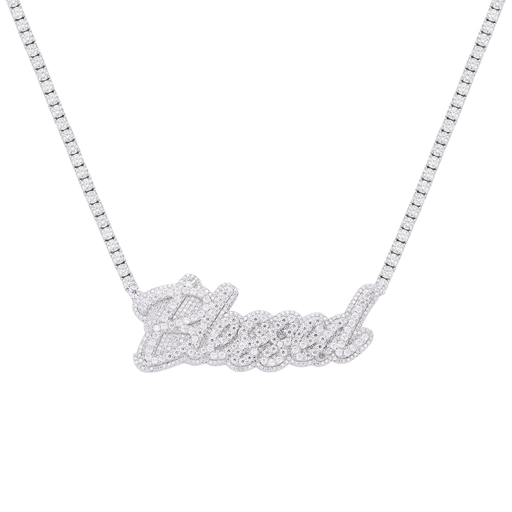 Sterling Silver Round Moissanite Blessed Word Designer 18 Inch Necklace RP 17-1/3 Cttw