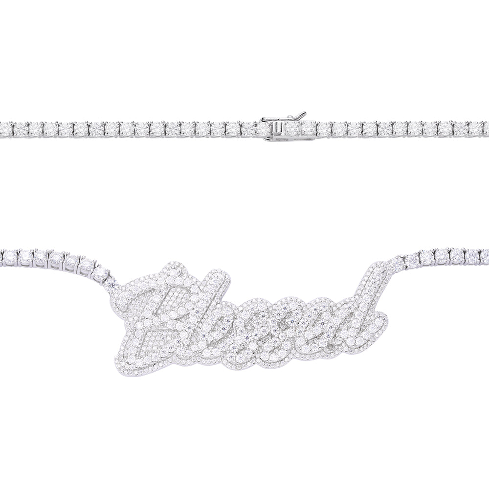 Sterling Silver Round Moissanite Blessed Word Designer 18 Inch Necklace RP 17-1/3 Cttw