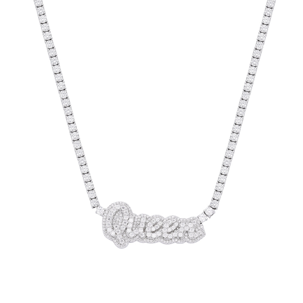 Sterling Silver Round Moissanite Queen Word Designer 18 Inch Necklace RP 15-5/8 Cttw