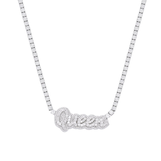 Sterling Silver Round Moissanite Queen Word Designer 18 Inch Necklace RP 15-5/8 Cttw