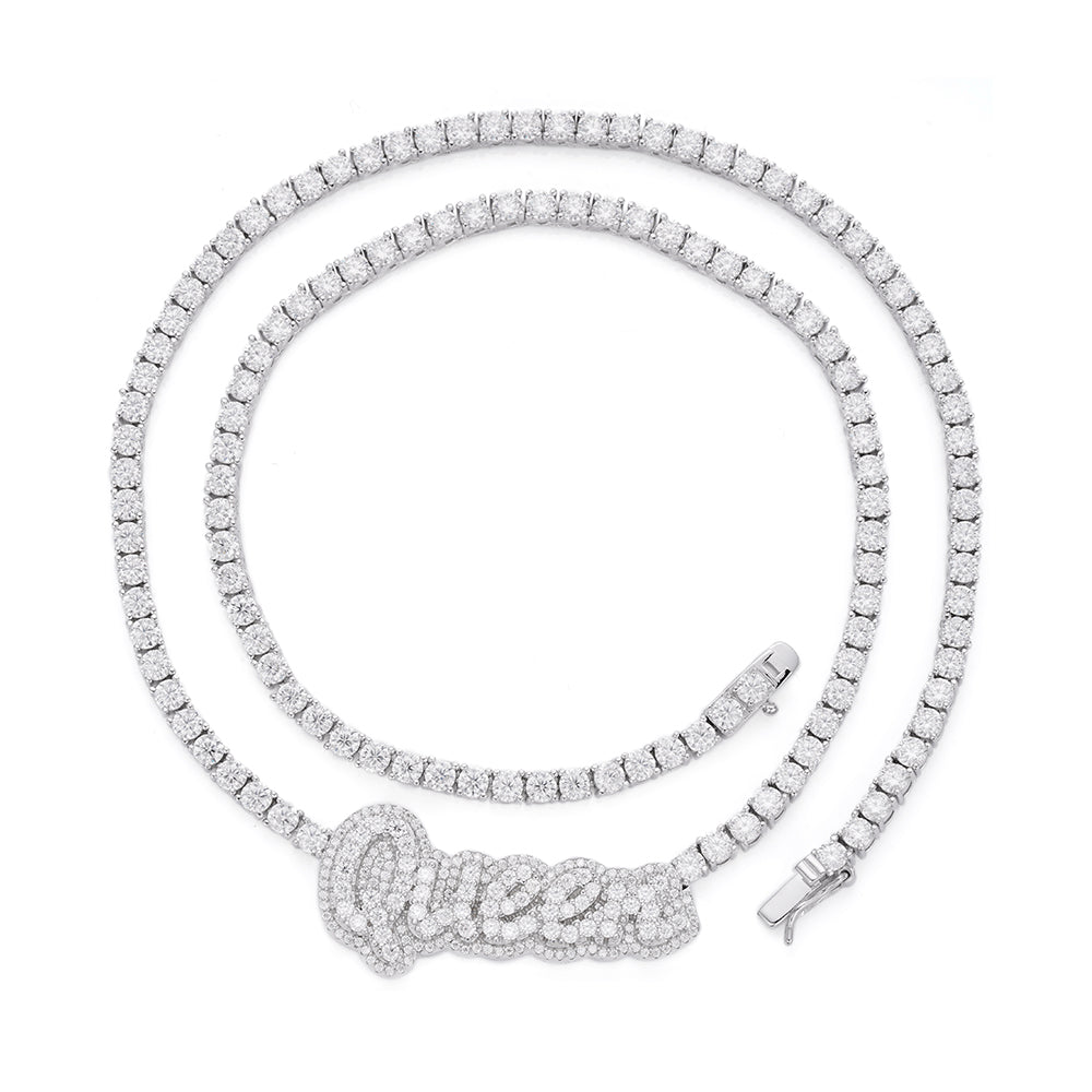 Sterling Silver Round Moissanite Queen Word Designer 18 Inch Necklace RP 15-5/8 Cttw