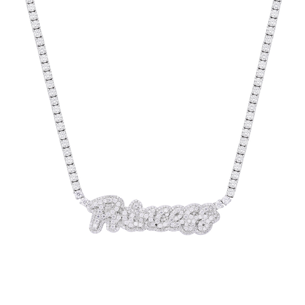 Sterling Silver Round Moissanite Princess Word Designer 18 Inch Necklace RP 15-3/4 Cttw