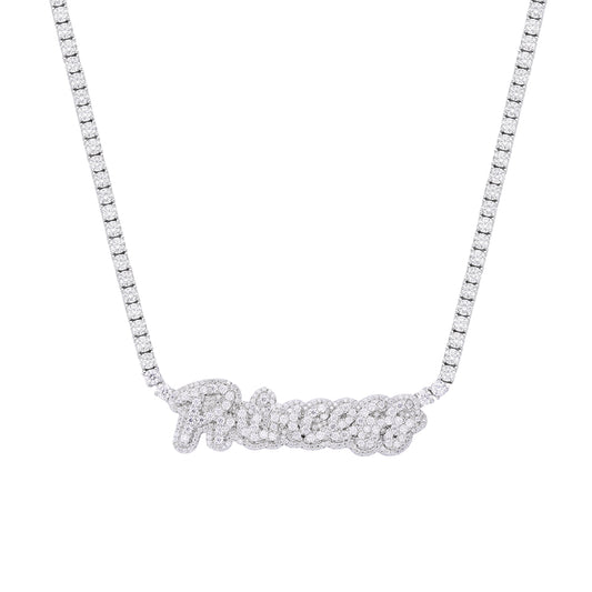 Sterling Silver Round Moissanite Princess Word Designer 18 Inch Necklace RP 15-3/4 Cttw
