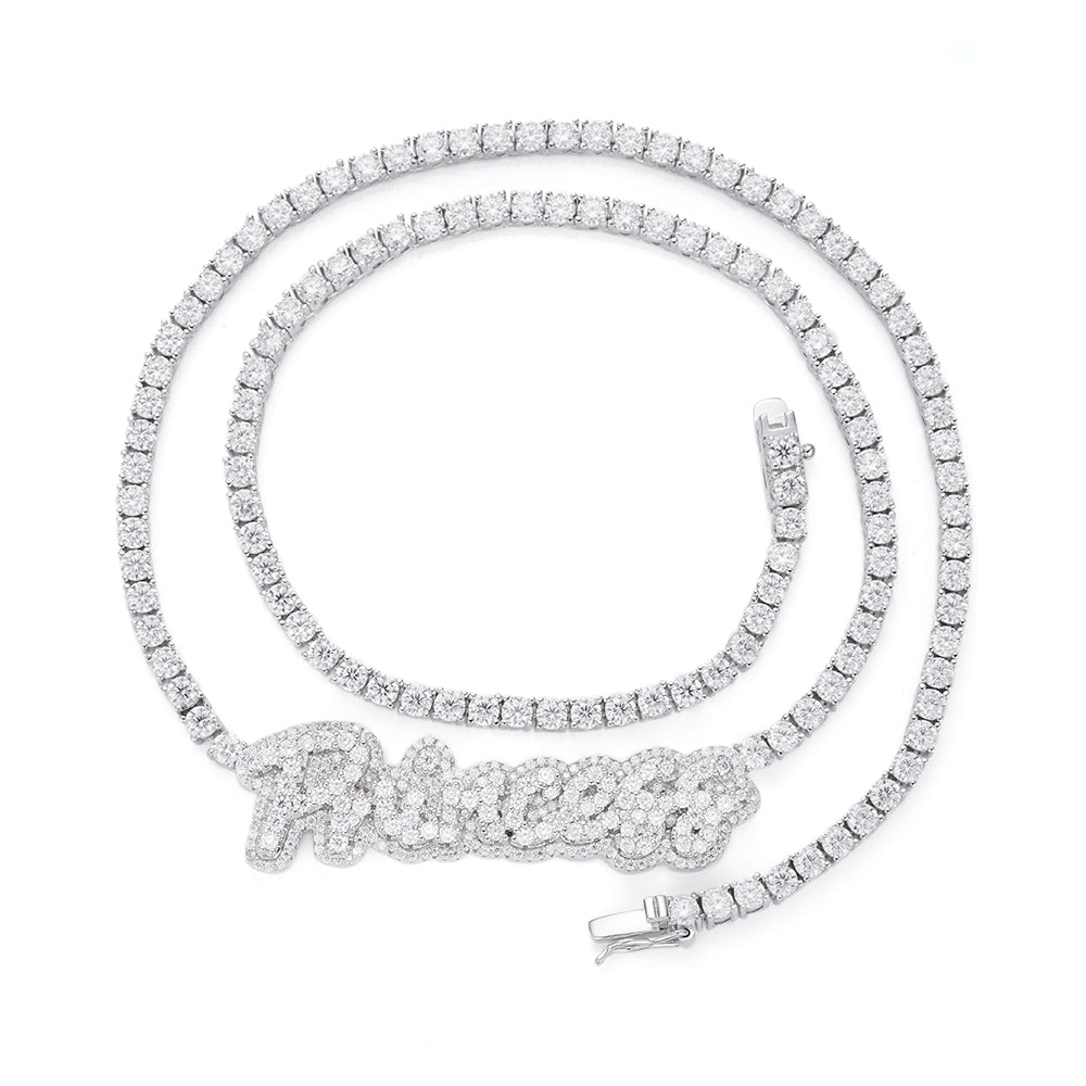 Sterling Silver Round Moissanite Princess Word Designer 18 Inch Necklace RP 15-3/4 Cttw