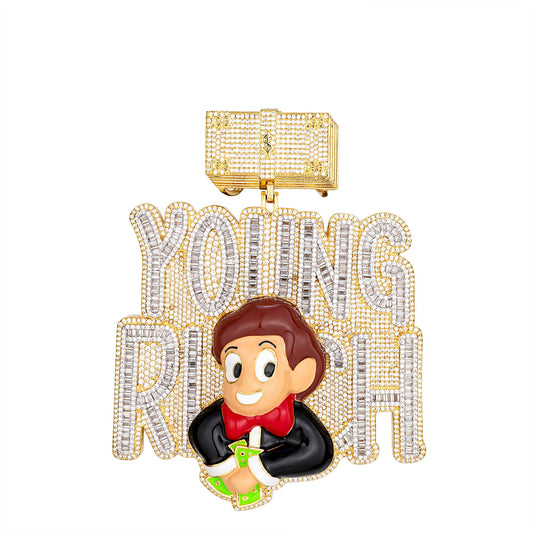 S.Silver Round Baguette Moissanite Young Rich Character Pendant RP+GP 16-1 Cttw