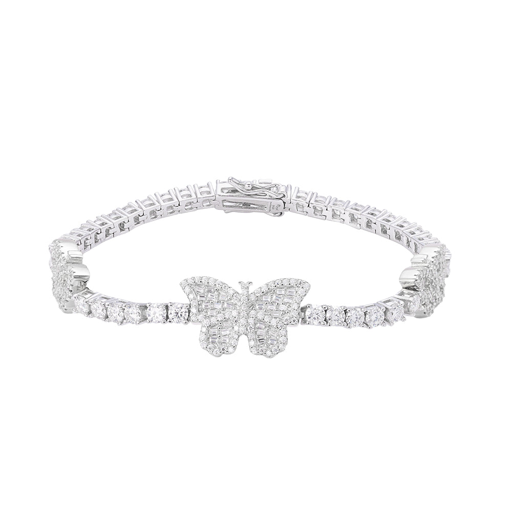 Sterling Silver Round Baguette 3mm Tennis Moissanite Butterfly Designer 7 Inch Bracelet RP 6 Cttw