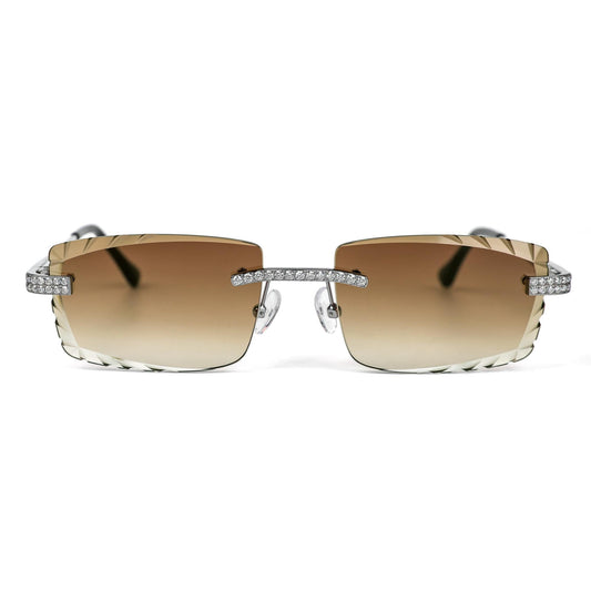 Sterling Silver Round Moissanite Cartier Square Shape Brown Lens Wooden Glasses RP 2-1/3 Cttw