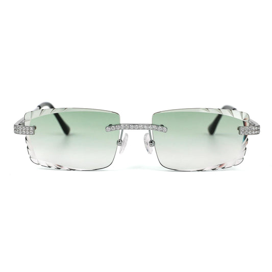 Sterling Silver Round Moissanite Cartier Square Shape Green Lens Wooden Glasses RP 2-1/3 Cttw
