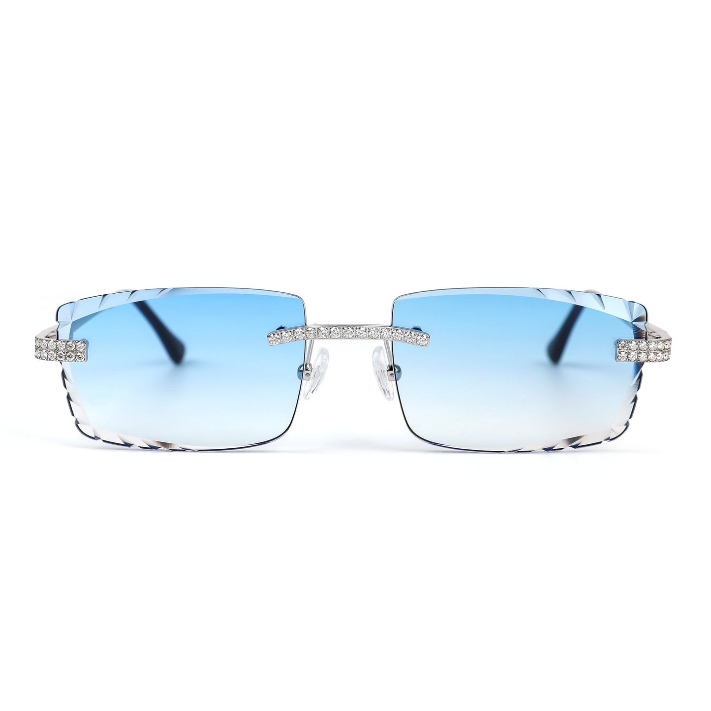Sterling Silver Round Moissanite Cartier Square Shape Blue Lens Wooden Glasses RP 2-1/3 Cttw