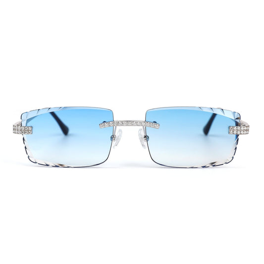Sterling Silver Round Moissanite Cartier Square Shape Blue Lens Wooden Glasses RP 2-1/3 Cttw