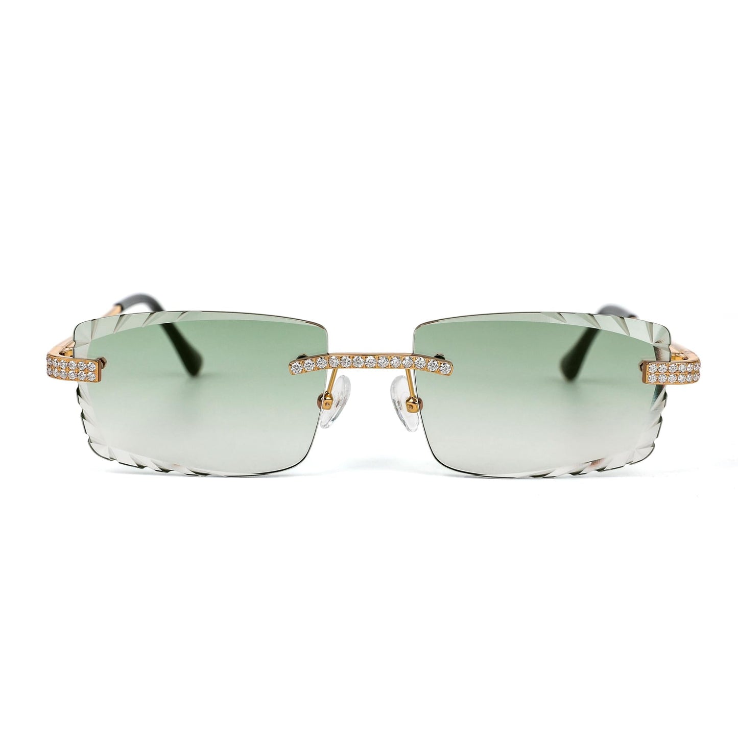 Sterling Silver Round Moissanite Cartier Square Shape Green Lens Wooden Glasses GP 2-1/3 Cttw