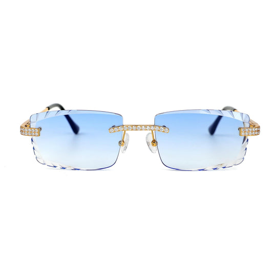 Sterling Silver Round Moissanite Cartier Square Shape Blue Lens Wooden Glasses GP 2-1/3 Cttw
