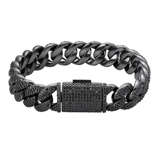 S.Silver 15mm Round Black Moissanite Miami Cuban 8.5 Inch Mens Bracelet BP+BP 12-1/10 Cttw