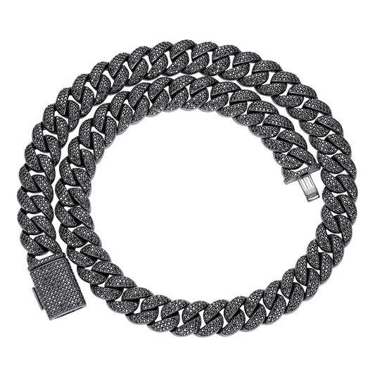 Sterling Silver 15mm Round Black Moissanite Miami Cuban Chain 22 Inch Mens Necklace BP+BP 27-1/3 Cttw