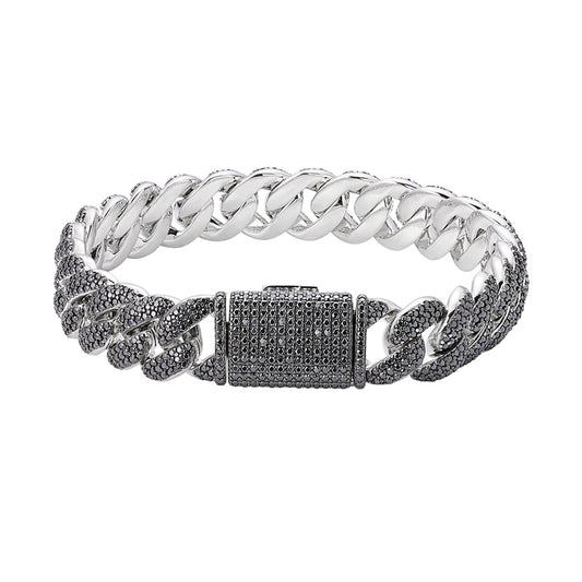 Sterling Silver 12mm Round Black Moissanite Miami Cuban 8 Inch Mens Bracelet RP+BP 7-3/4 Cttw