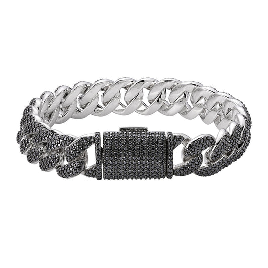 Sterling Silver 15mm Round Black Moissanite Miami Cuban 8 Inch Mens Bracelet RP+BP 12-1/10 Cttw