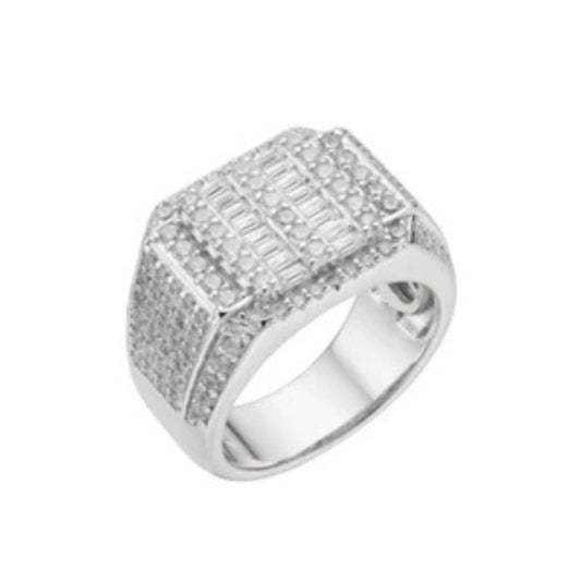 Sterling Silver Round Baguette Moissanite SZ 10 Designer Mens Ring RP 2-7/8 Cttw