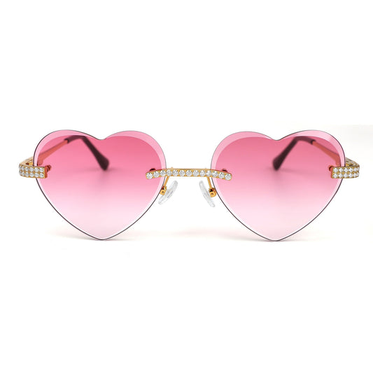 Sterling Silver Round Moissanite Cartier Heart Shape Pink Lens Wooden Glasses GP