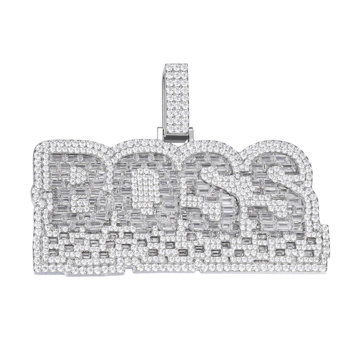 S.Silver Round Baguette Moissanite BOSS Word Pendant RP 13-1/2 Cttw