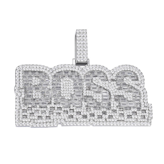 S.Silver Round Baguette Moissanite BOSS Word Pendant RP 13-1/2 Cttw