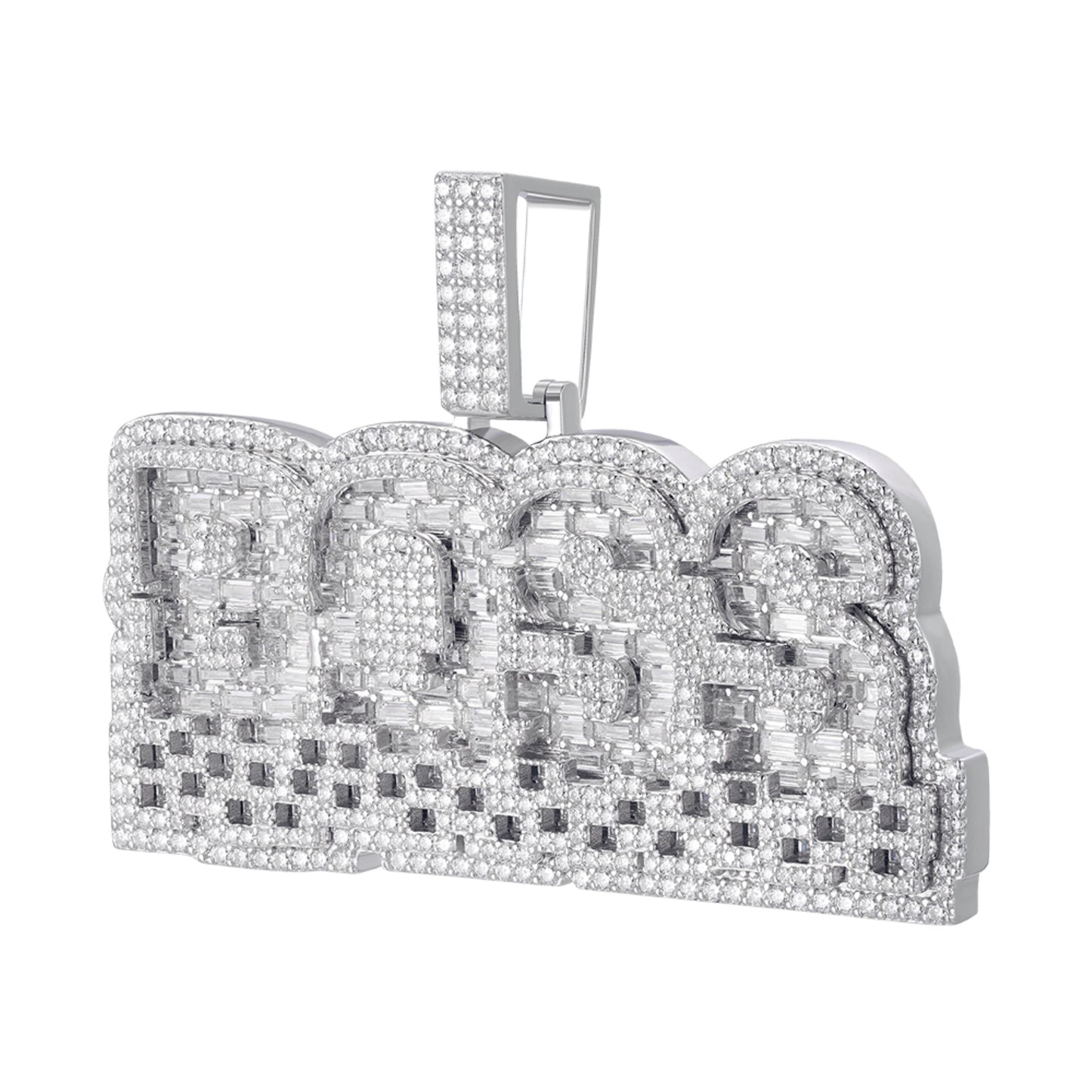 S.Silver Round Baguette Moissanite BOSS Word Pendant RP 13-1/2 Cttw