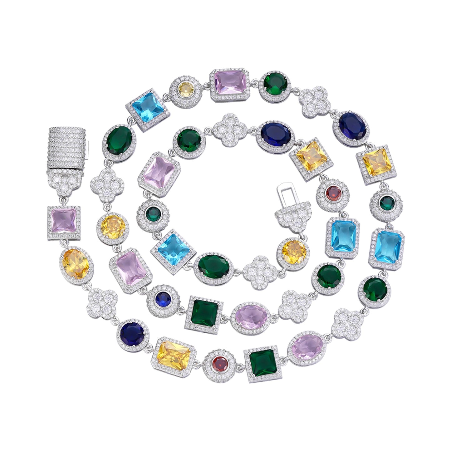 Sterling Silver Round Moissanite 4 Stone Flower with Color Stone Designer 22 Inch Necklace RP 12-5/8 Cttw