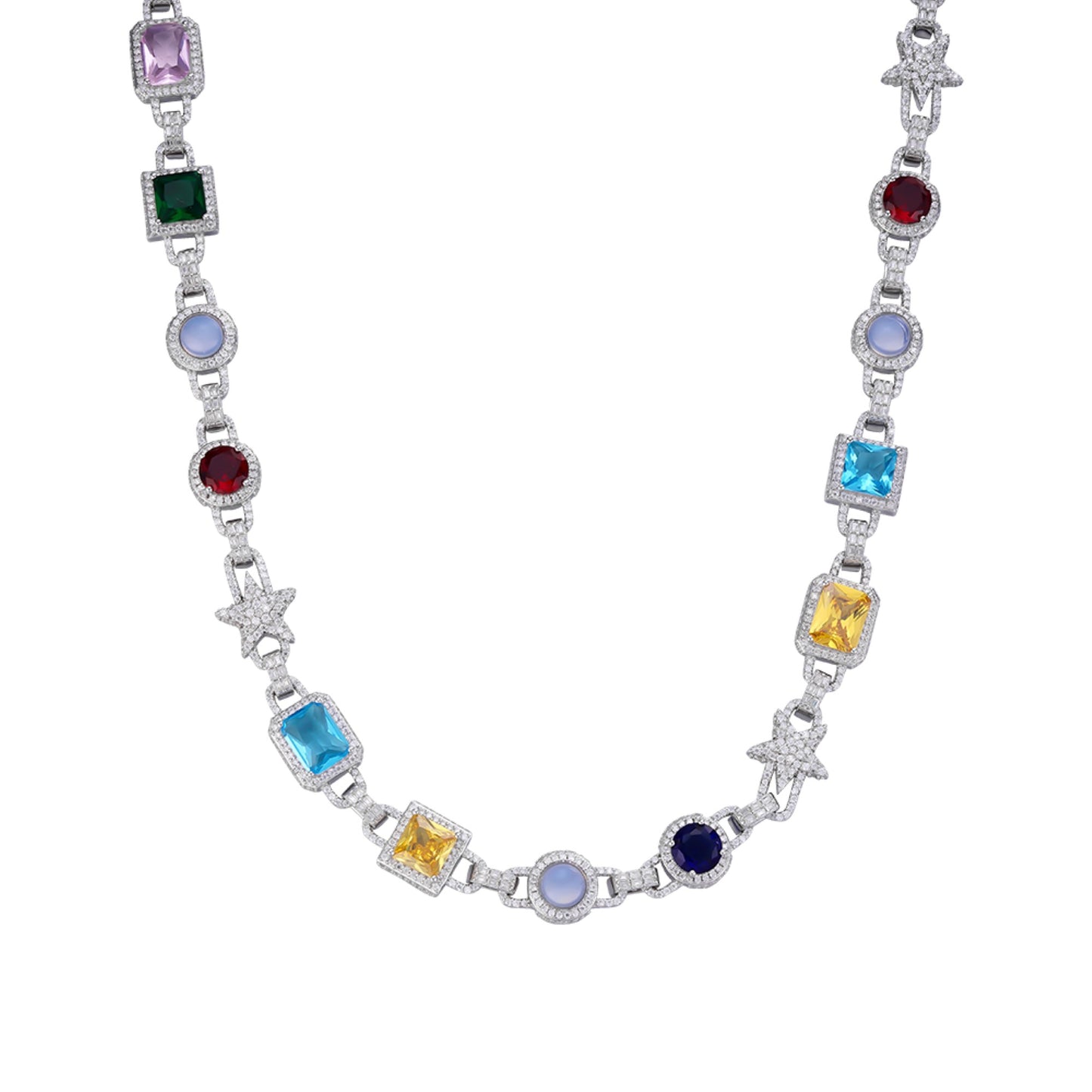 Sterling Silver Round Moissanite Star with Color Stone Designer 22 Inch Necklace RP 15-1/2 Cttw