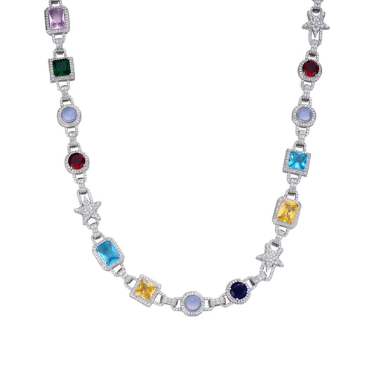 Sterling Silver Round Moissanite Star with Color Stone Designer 22 Inch Necklace RP 15-1/2 Cttw