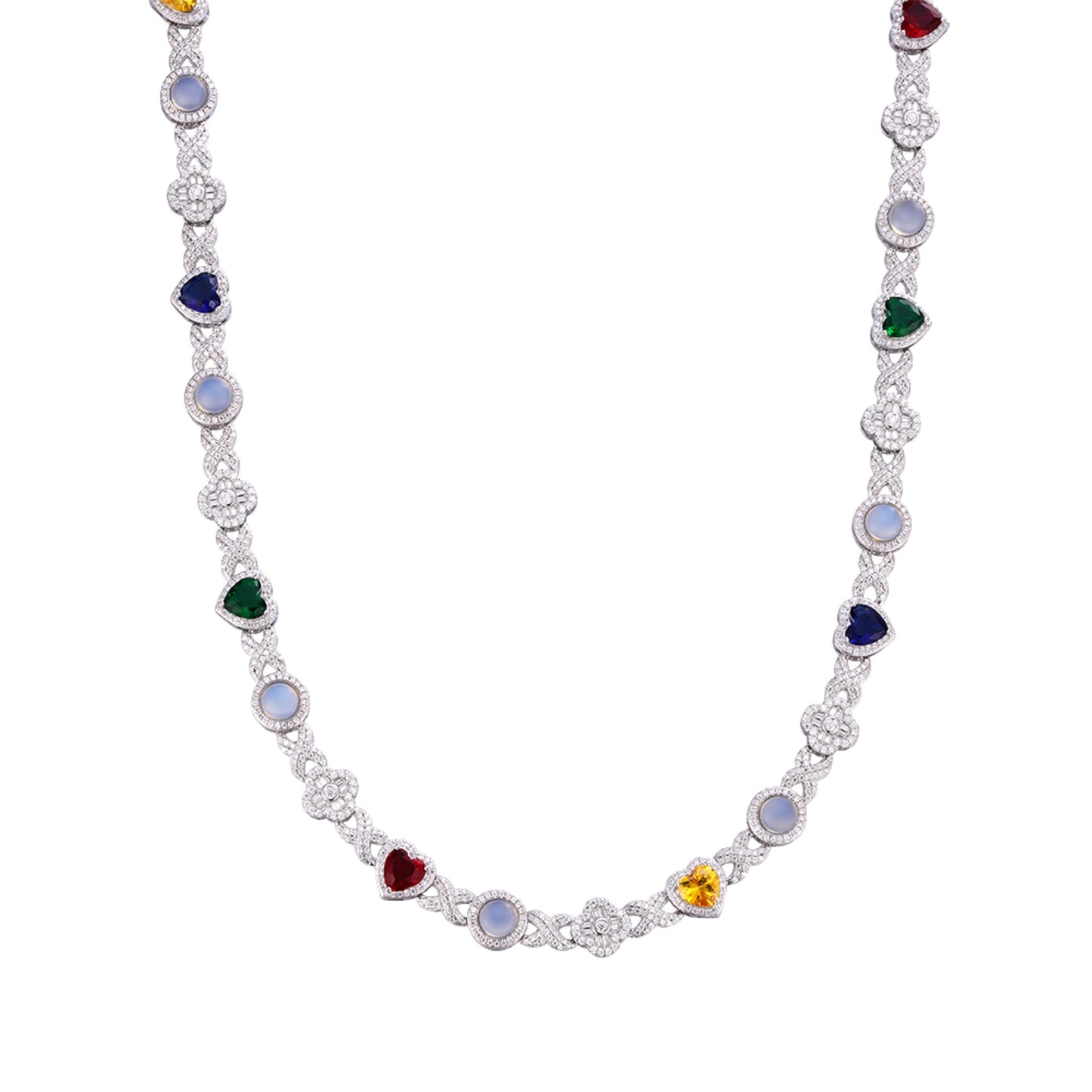 S.Silver Round Moissanite Flower Infinity with Color Stone Designer 22 Inch Necklace RP 9-7/8 Cttw