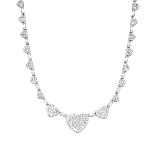 Sterling Silver Round Baguette Moissanite Heart Designer 18 Inch Necklace RP 14-5/8 Cttw