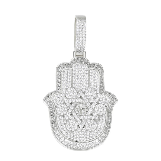 Sterling Silver Round Moissanite Hamza Hand Religious Pendant RP 3-5/8 Cttw