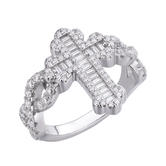 Sterling Silver Round Baguette Moissanite Cross Religious SZ 9 Ring RP 1-5/8 Cttw