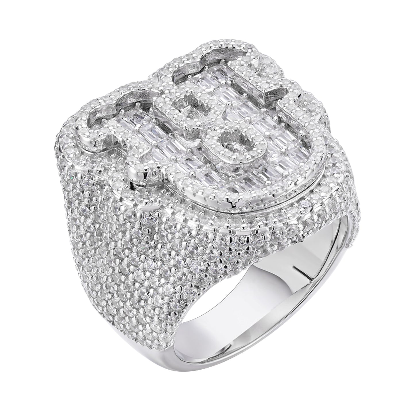 Sterling Silver Round Baugette Moissanite Albhabet U letter Initial SZ 10 Mens Ring RP 6-1/2 Cttw