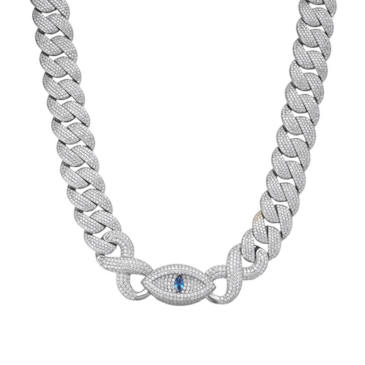 Sterling Silver Round Moissanite 15mm Inifinity Cuban With Evil Eye Designer 22 Inch Mens Necklace RP 27-1/8 Cttw