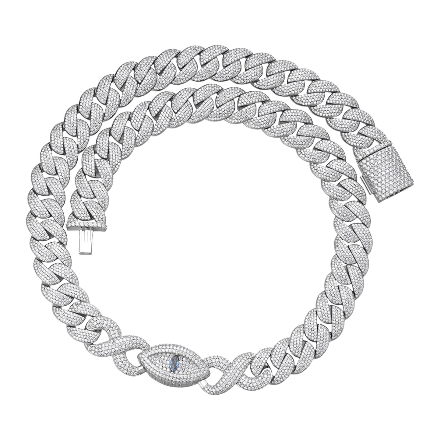 Sterling Silver Round Moissanite 15mm Inifinity Cuban With Evil Eye Designer 22 Inch Mens Necklace RP 27-1/8 Cttw