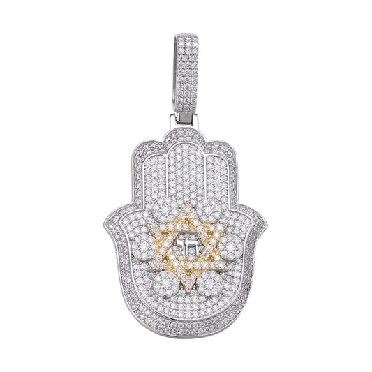 Sterling Silver Round Moissanite Hamza Hand Religious Pendant RP+GP 3-5/8 Cttw