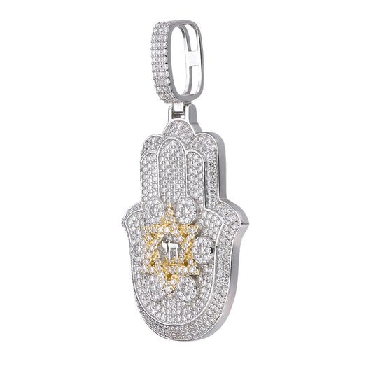 Sterling Silver Round Moissanite Hamza Hand Religious Pendant RP+GP 3-5/8 Cttw