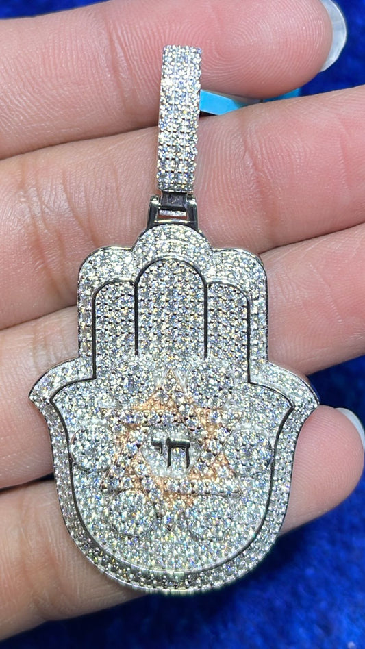 Sterling Silver Round Moissanite Hamza Hand Religious Pendant RP+PP 3-5/8 Cttw