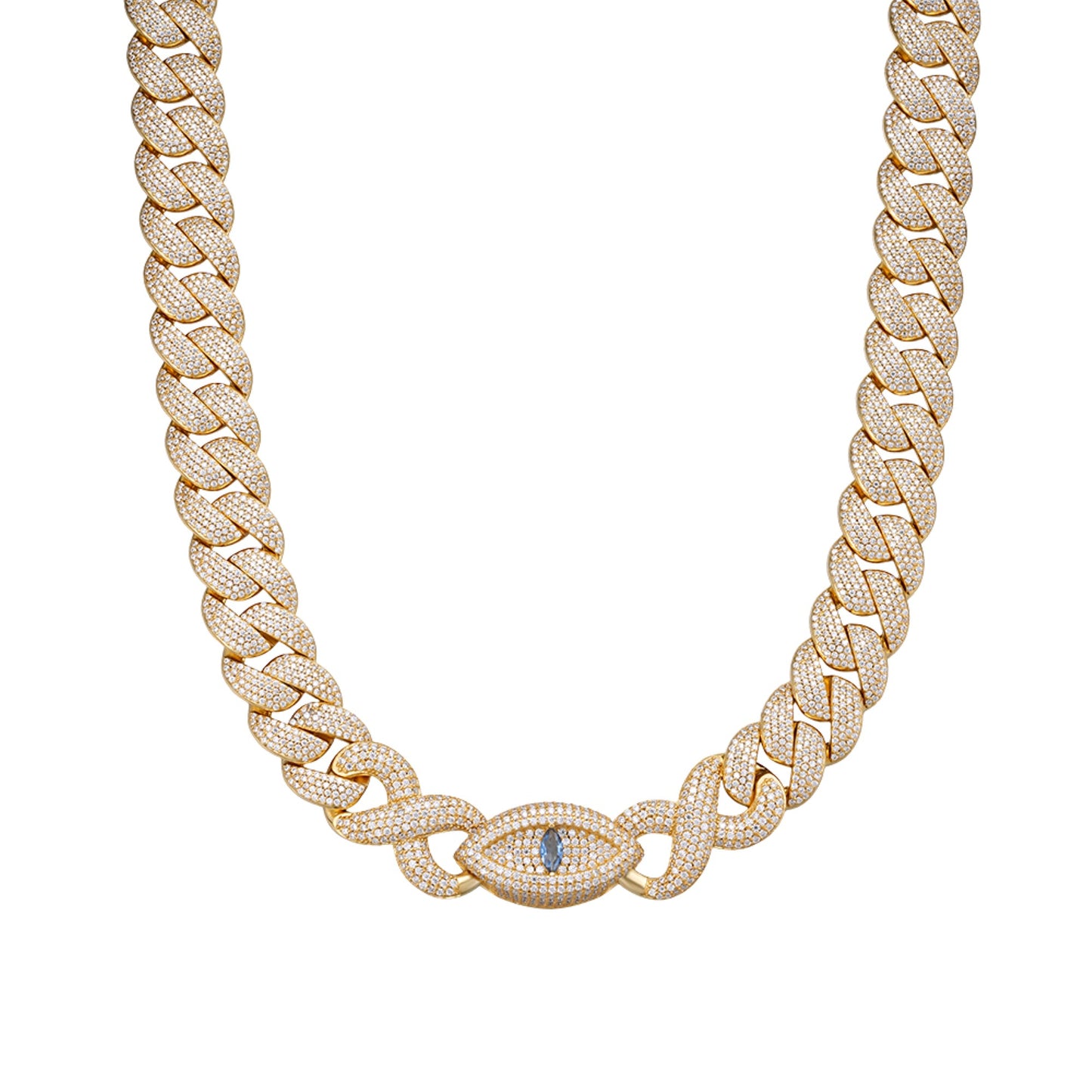 Sterling Silver Round Moissanite 15mm Inifinity Cuban With Evil Eye Designer 22 Inch Mens Necklace GP 27-1/8 Cttw