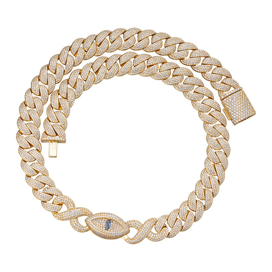 Sterling Silver Round Moissanite 15mm Inifinity Cuban With Evil Eye Designer 22 Inch Mens Necklace GP 27-1/8 Cttw