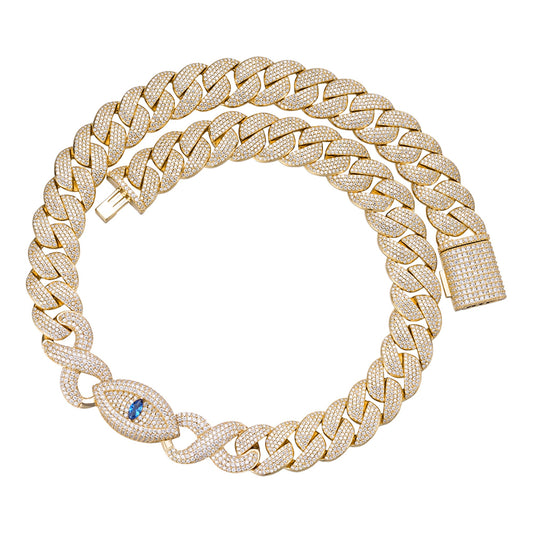 Sterling Silver Round Moissanite 18mm Inifinity Cuban With Evil Eye Designer 22 Inch Mens Necklace GP 35 Cttw