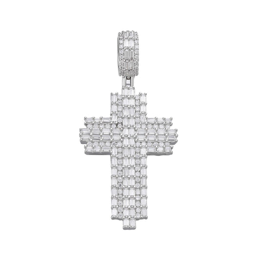 Sterling Silver 30mm Round Baguette Moissanite Cross Religious Pendant RP 2-3/4 Cttw
