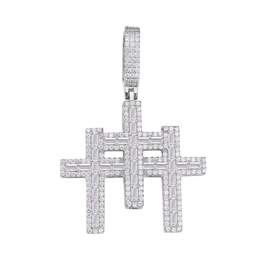 Sterling Silver 30mm Round Baguette Moissanite 3 Cross Religious Pendant RP 3-3/8 Cttw