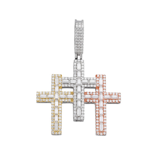 Sterling Silver 30mm Round Baguette Moissanite 3 Cross Religious Pendant RP+GP+PP 3-3/8 Cttw