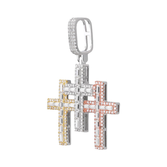 Sterling Silver 30mm Round Baguette Moissanite 3 Cross Religious Pendant RP+GP+PP 3-3/8 Cttw